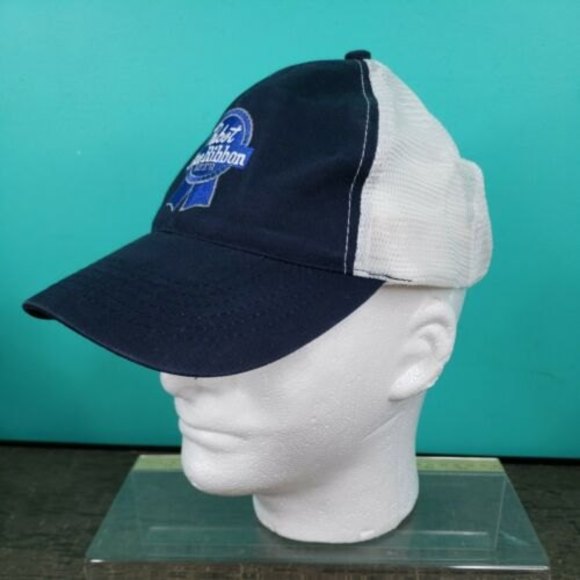 Pabst Blue Ribbon Beer PBR Mesh Back Trucker Hat Blue and White - Picture 2 of 10